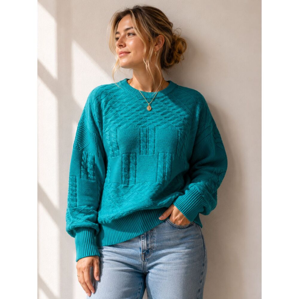 Vintage White Oak Teal Cable Knit Sweater Women's XL Textured Acrylic Pullover